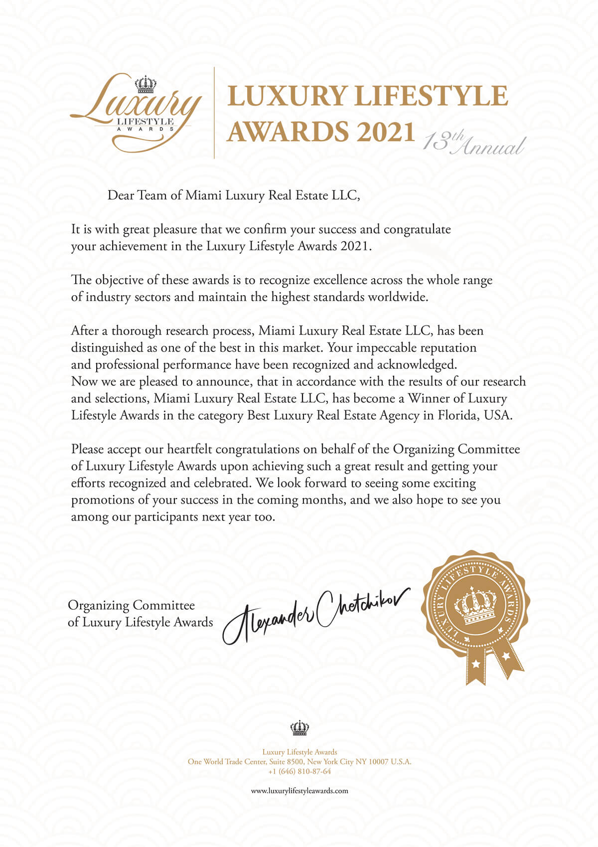Achievement in the Luxury Lifestyle Awards 2021